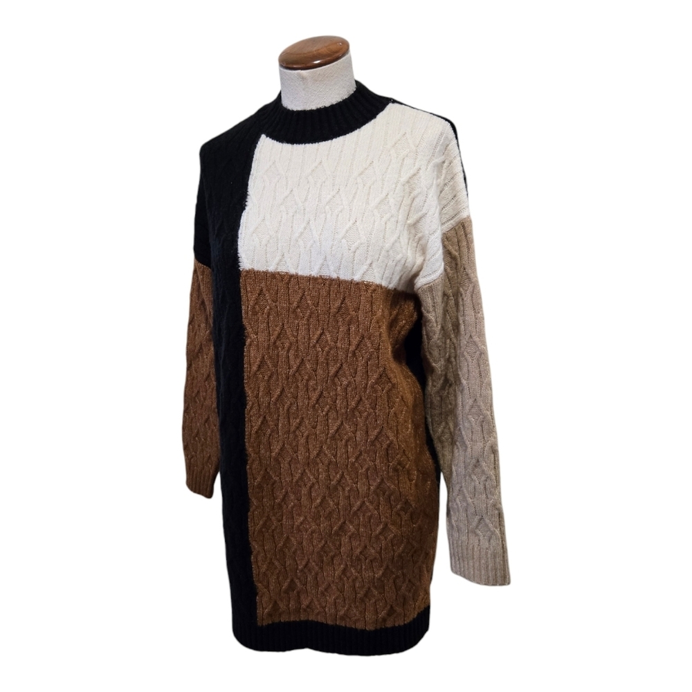 Blu Pepper Colorblock Long Sleeve Cable Knit Sweater Dress M Black Multi
